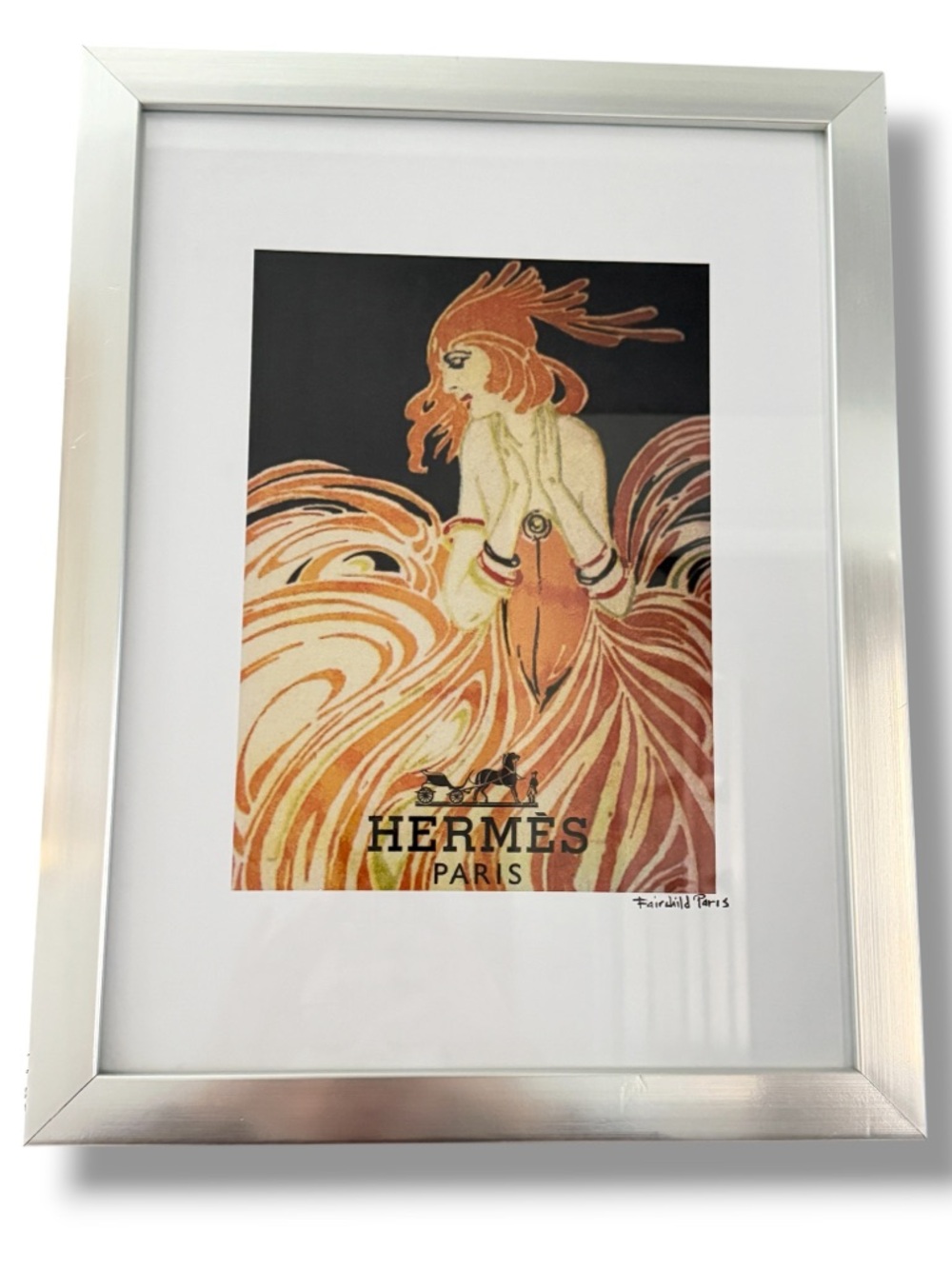 Hermés Paris Fairchild Art Deco Nouveau Print Silver Frame